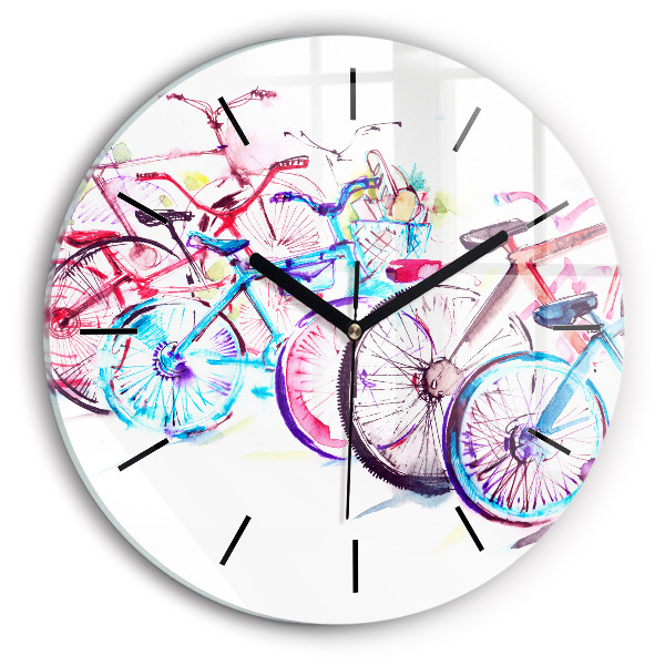 Round glass clock Colorful city bikes