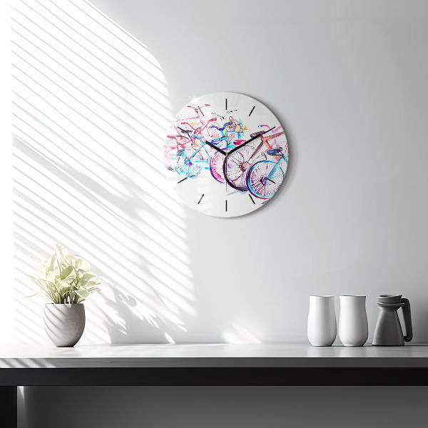 Round glass clock Colorful city bikes
