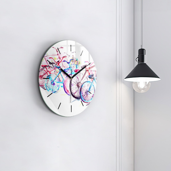 Round glass clock Colorful city bikes