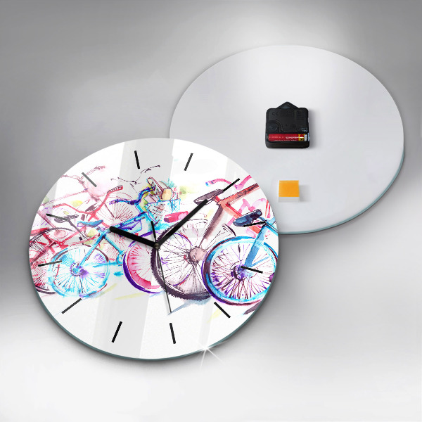 Round glass clock Colorful city bikes