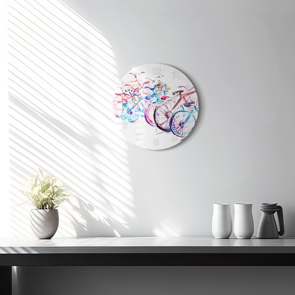 Round glass clock Colorful city bikes