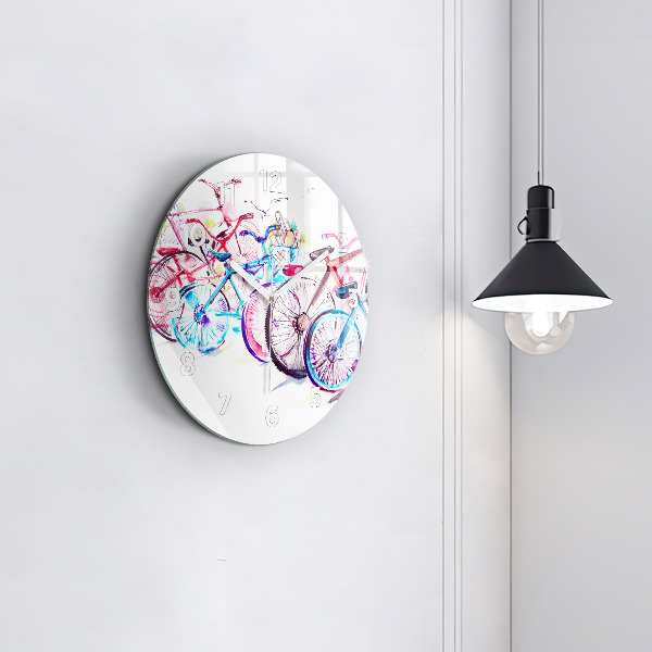 Round glass clock Colorful city bikes