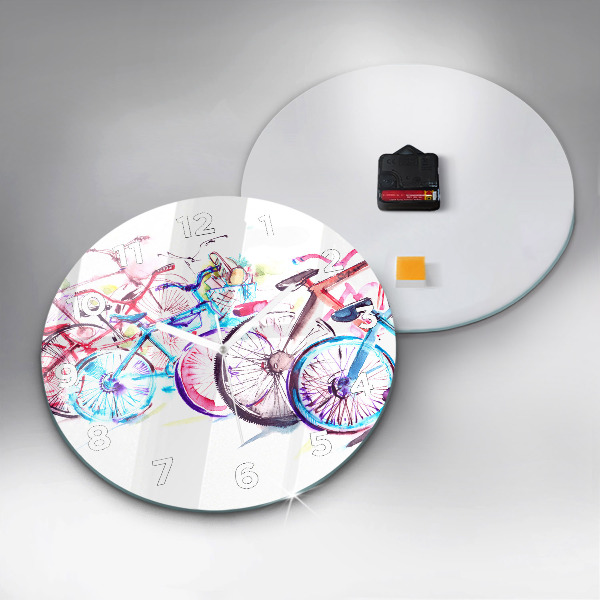 Round glass clock Colorful city bikes