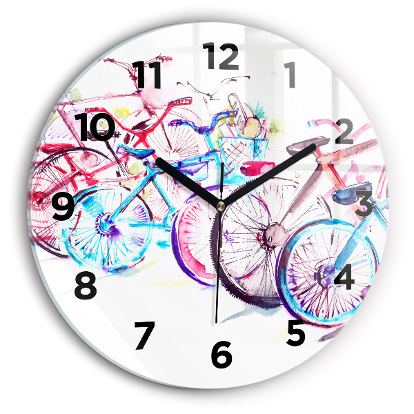 Round glass clock Colorful city bikes