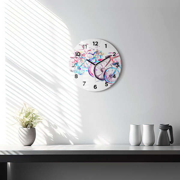 Round glass clock Colorful city bikes