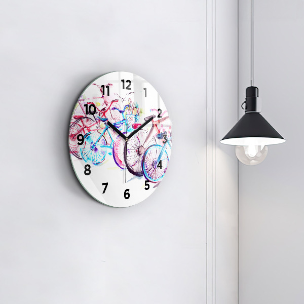 Round glass clock Colorful city bikes