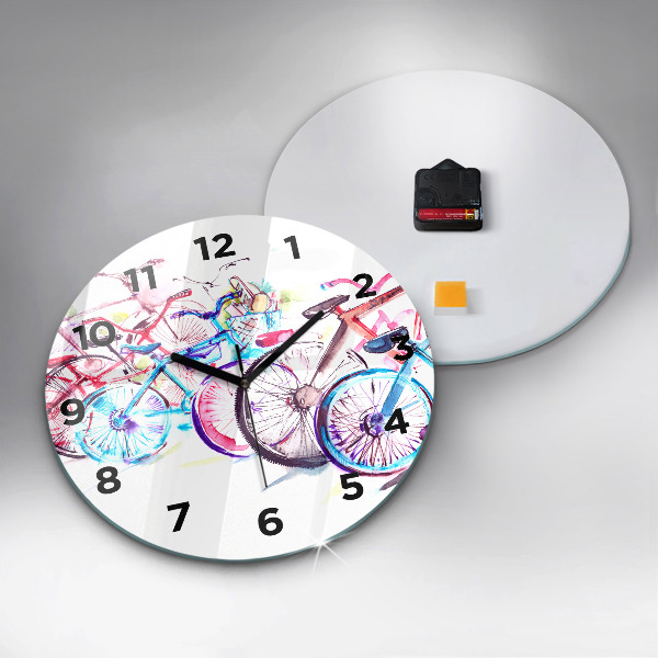 Round glass clock Colorful city bikes