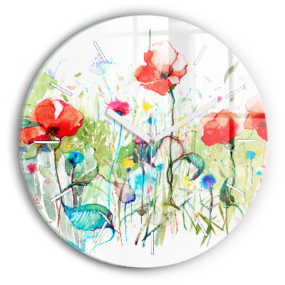 Round glass clock Flowers in the meadow