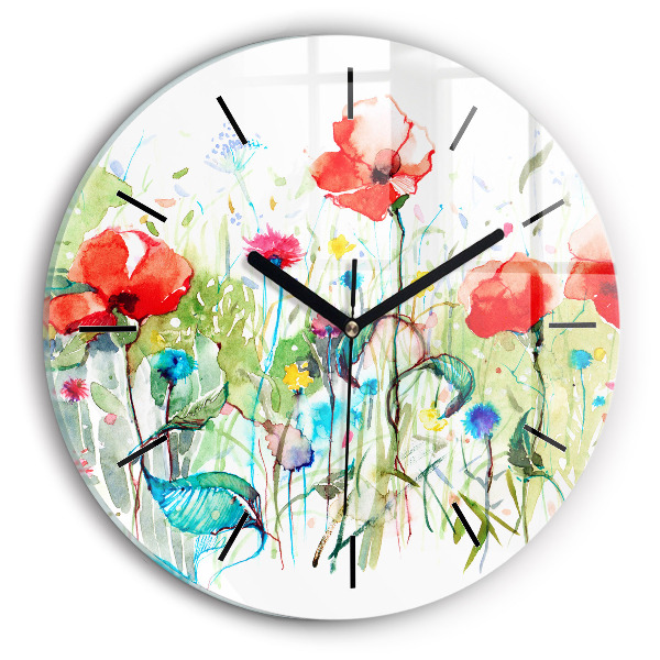 Round glass clock Flowers in the meadow