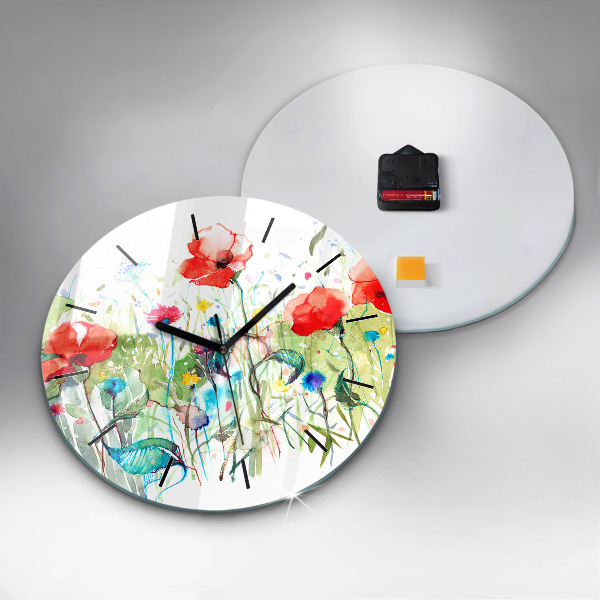 Round glass clock Flowers in the meadow