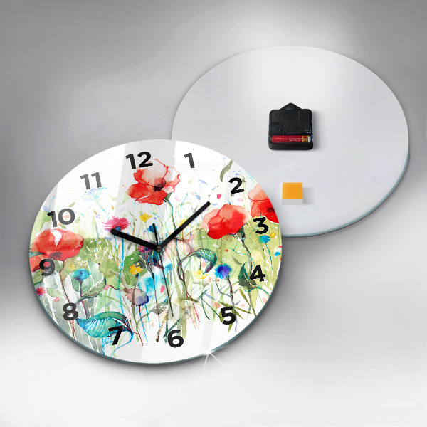 Round glass clock Flowers in the meadow
