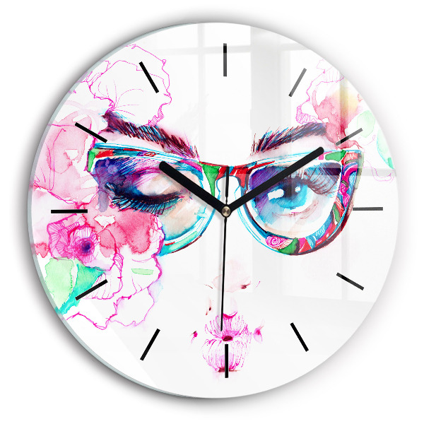 Round glass clock Woman with glasses