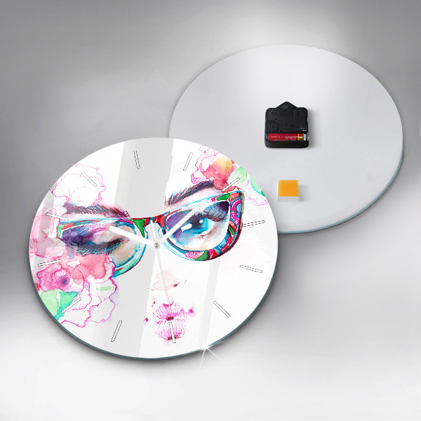 Round glass clock Woman with glasses