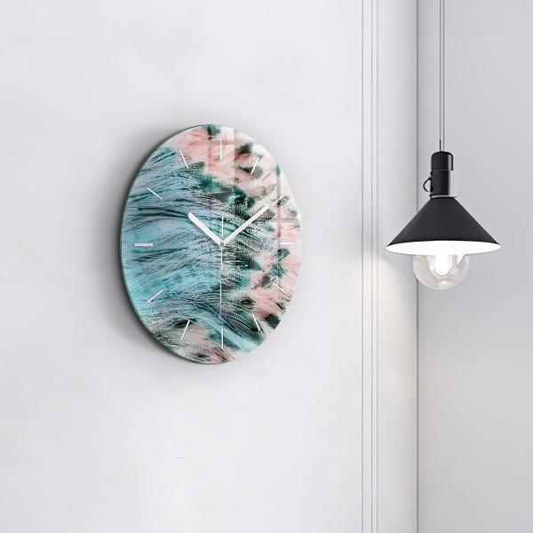 Round glass clock Colorful feathers