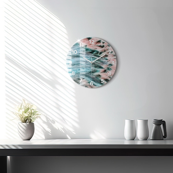 Round glass clock Colorful feathers
