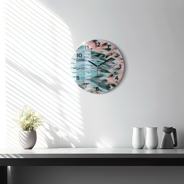 Round glass clock Colorful feathers