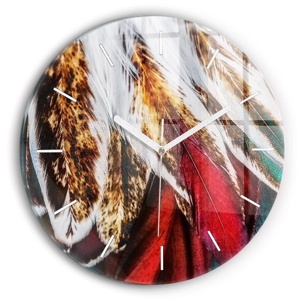 Round glass clock Light brown bird feathers