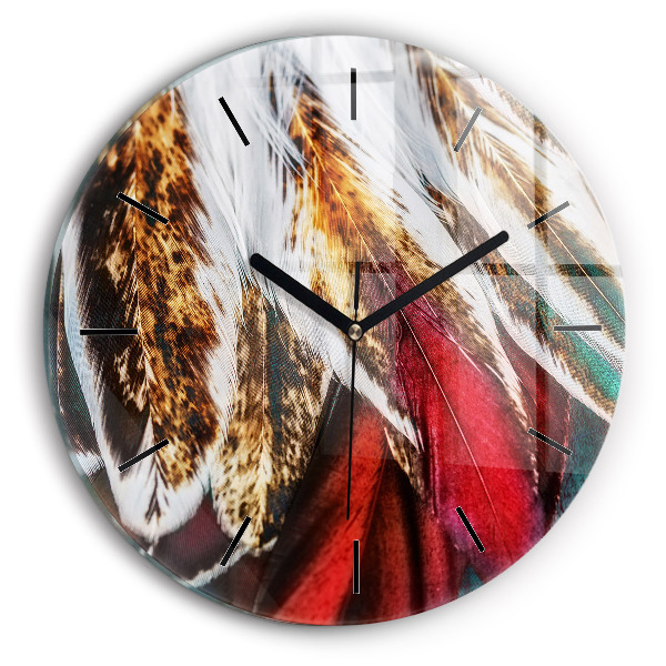 Round glass clock Light brown bird feathers