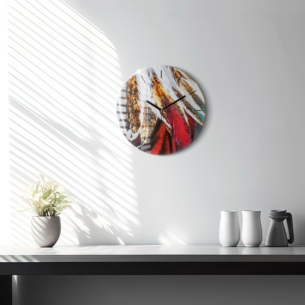 Round glass clock Light brown bird feathers