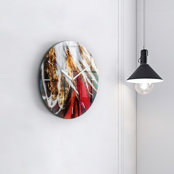 Round glass clock Light brown bird feathers