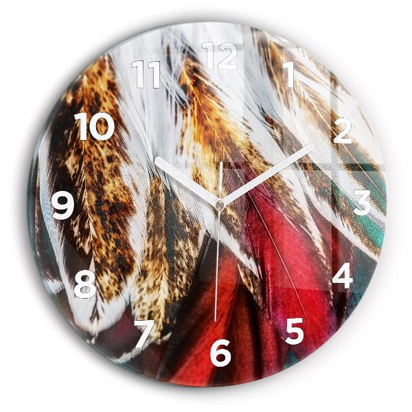 Round glass clock Light brown bird feathers