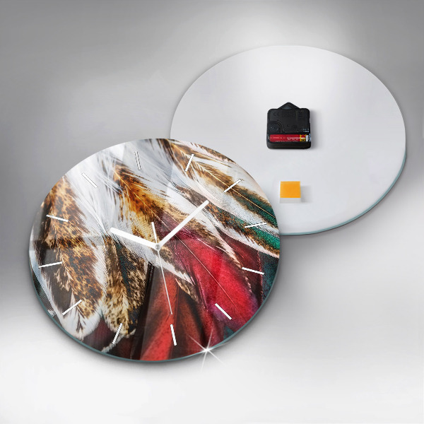 Round glass clock Light brown bird feathers