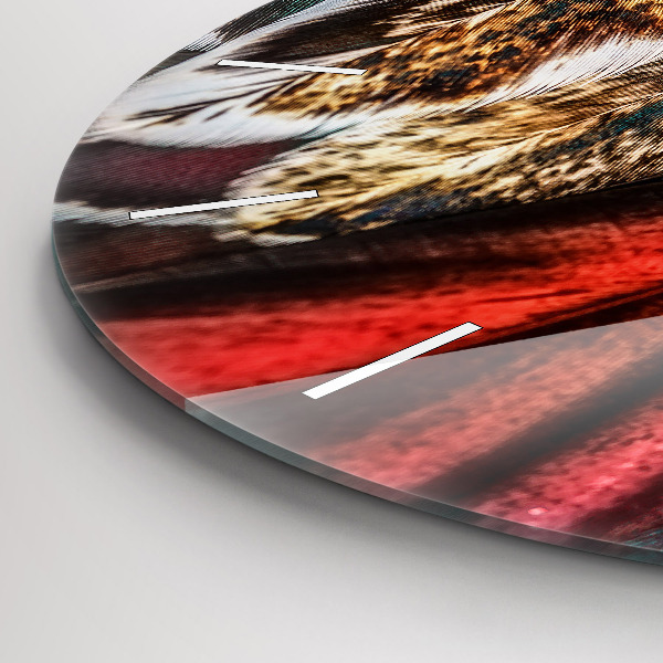 Round glass clock Light brown bird feathers