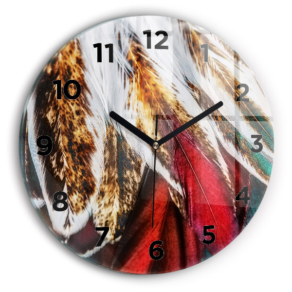 Round glass clock Light brown bird feathers
