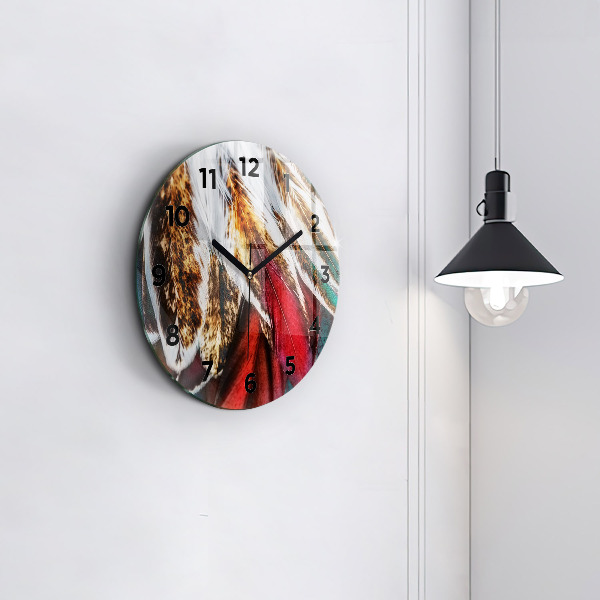 Round glass clock Light brown bird feathers