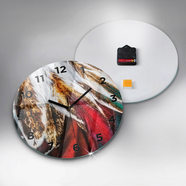 Round glass clock Light brown bird feathers