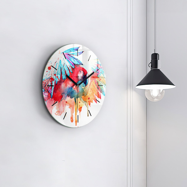 Round glass clock Colorful red parrot
