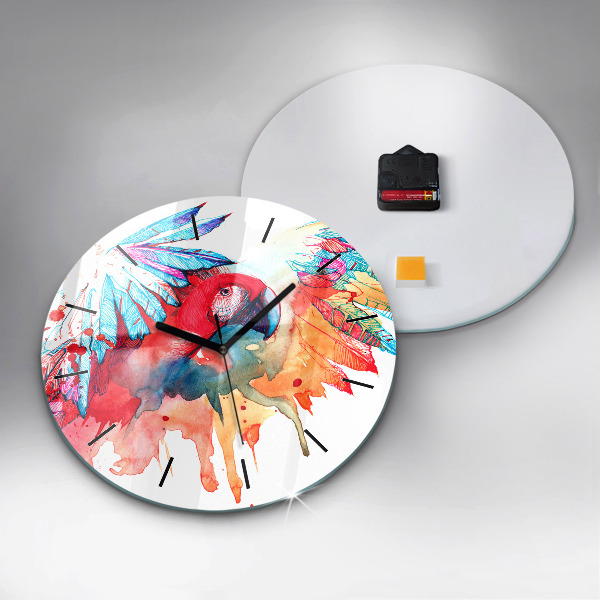 Round glass clock Colorful red parrot