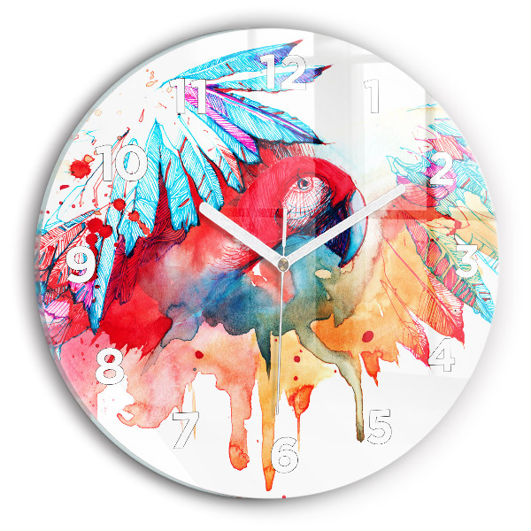 Round glass clock Colorful red parrot