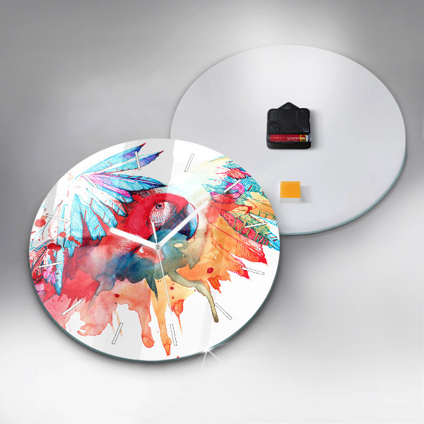 Round glass clock Colorful red parrot