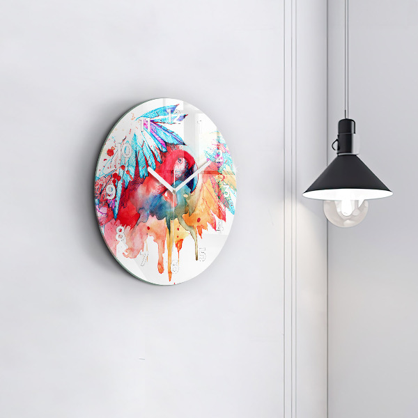 Round glass clock Colorful red parrot