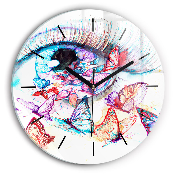 Round glass clock Colorful butterfly eye