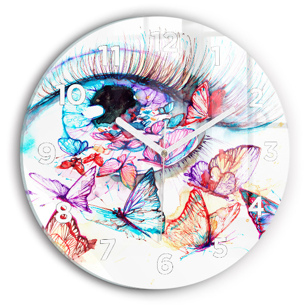 Round glass clock Colorful butterfly eye