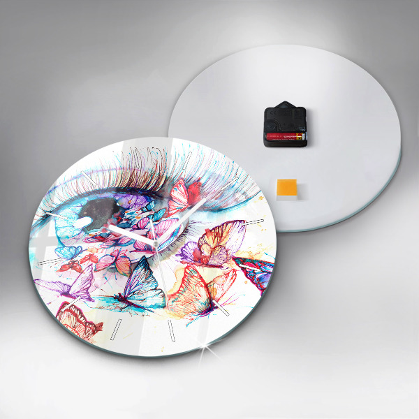 Round glass clock Colorful butterfly eye