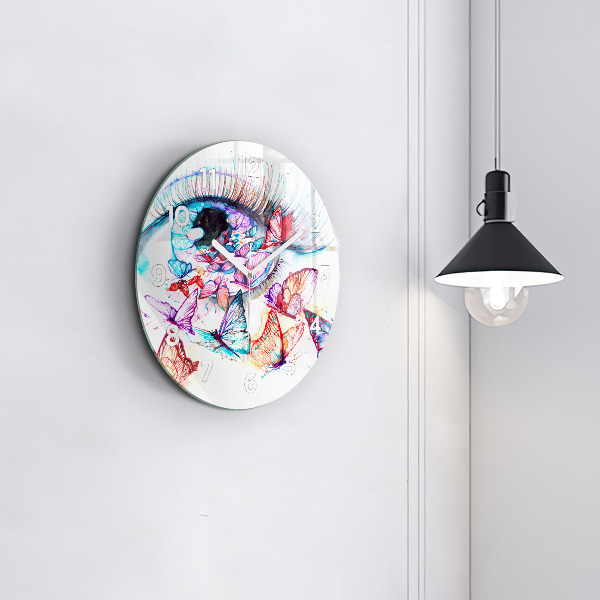 Round glass clock Colorful butterfly eye