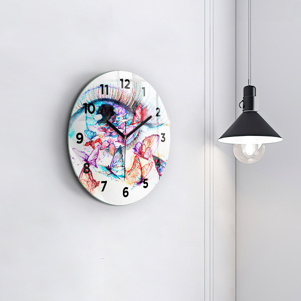 Round glass clock Colorful butterfly eye
