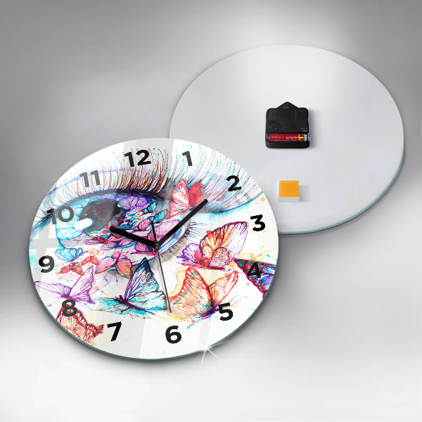 Round glass clock Colorful butterfly eye
