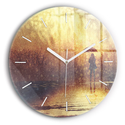 Round glass clock woman with umbrella