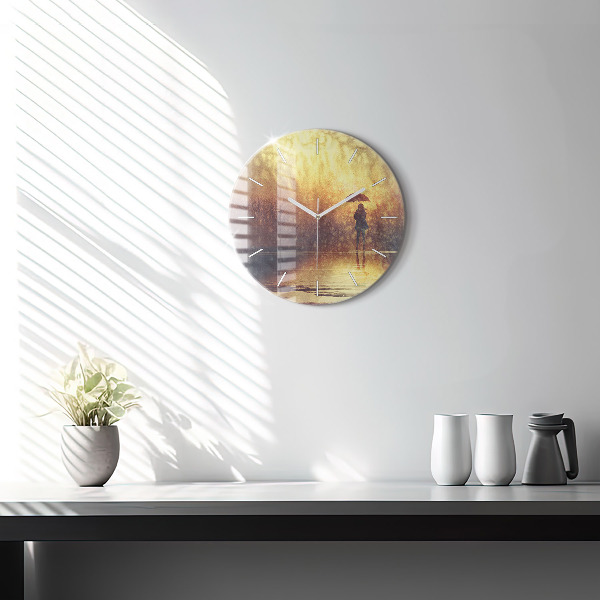 Round glass clock woman with umbrella