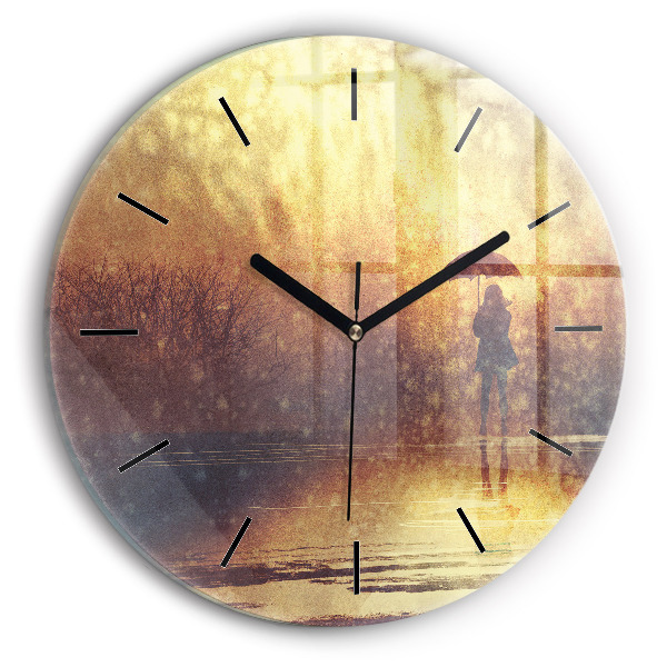 Round glass clock woman with umbrella
