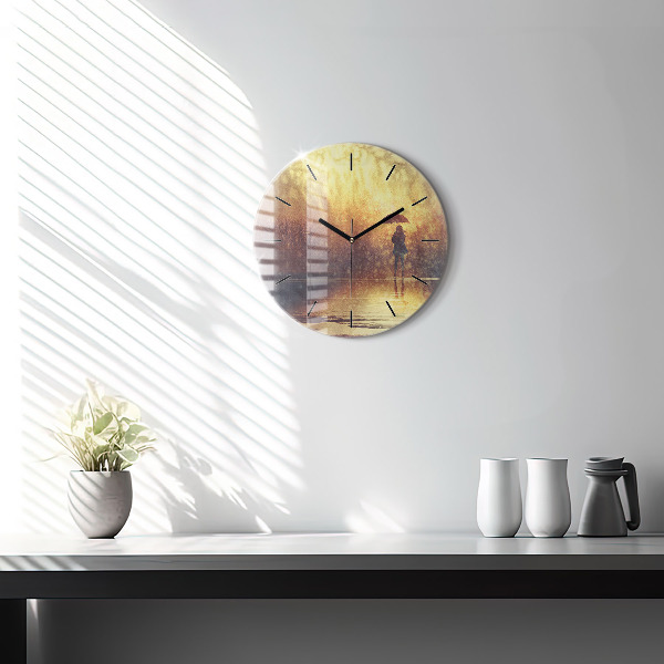 Round glass clock woman with umbrella