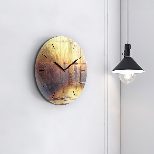 Round glass clock woman with umbrella