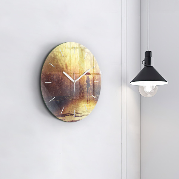 Round glass clock woman with umbrella