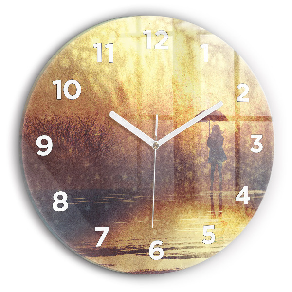 Round glass clock woman with umbrella