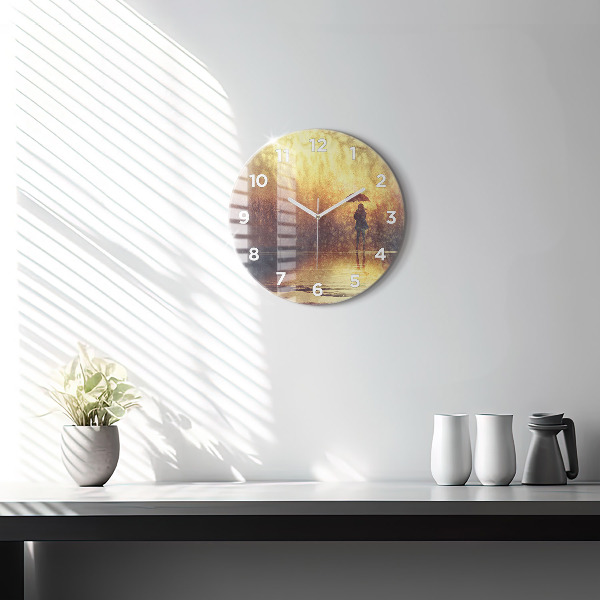 Round glass clock woman with umbrella