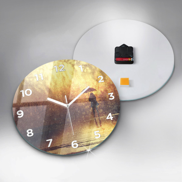 Round glass clock woman with umbrella